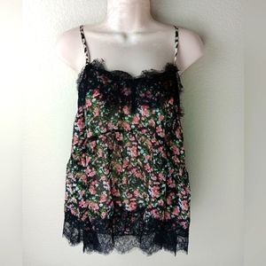 Umgee Tank Top Pink and Black Floral & Lace Boho Peasant Cottagecore Camisole